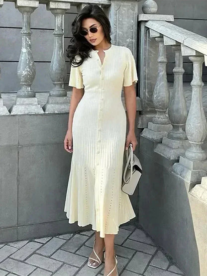 Elegant Solid Knitted Long Dress For Women Fashion O Neck Short Sleeve Single Breasted Female Robes 2024 Autumn New Lady Dresses