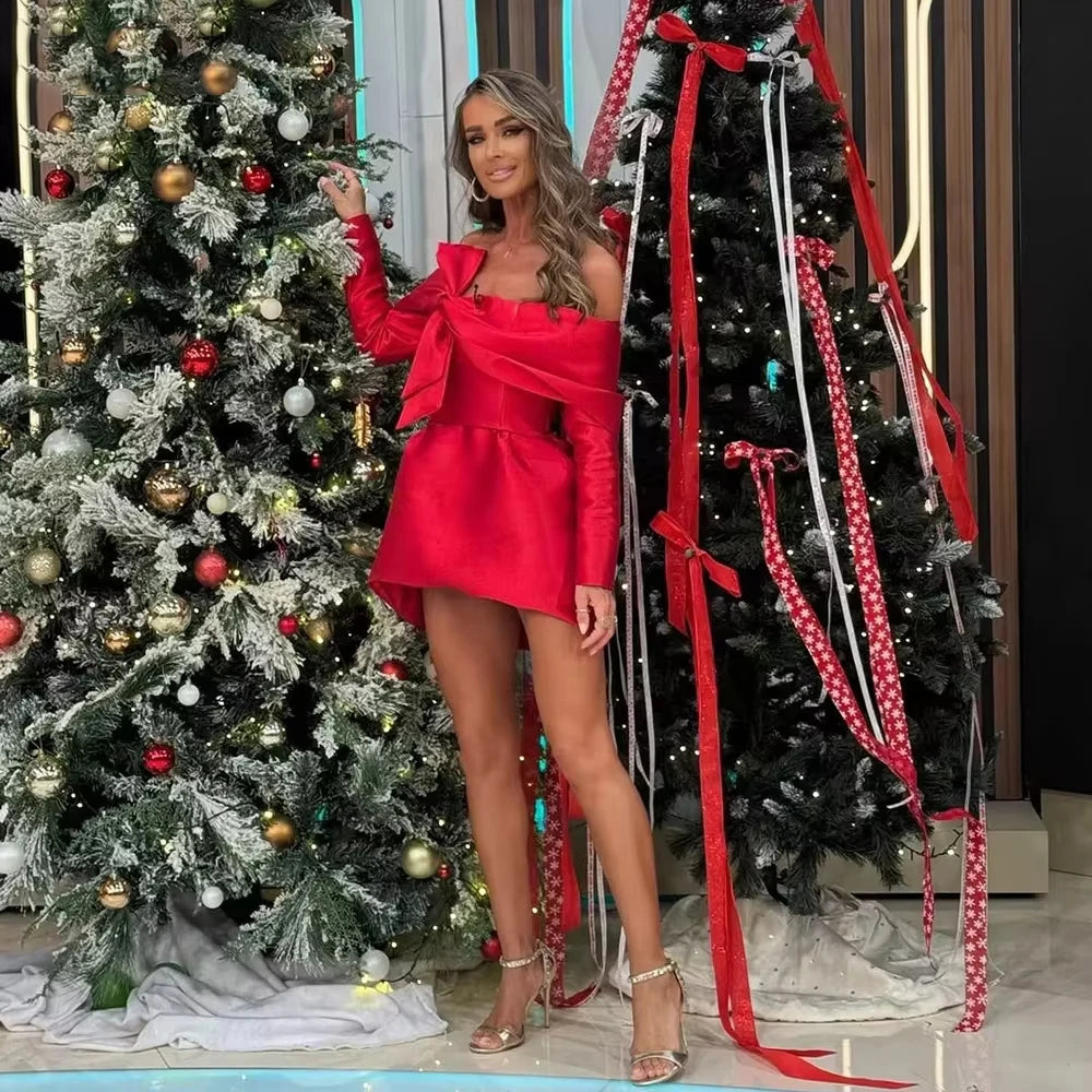 Red Mini Party Dress for Women 2026 Off The Shoulder Full Sleeves Short Cocktail Dress Celebrity Festival Prom Gowns Customized