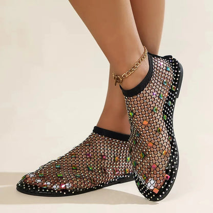 2026 Summer Women's New Luxury Sequin Bottom Hollow Short Boots Water Diamond Sexy Flat Bottom Fashion Banquet Flats Sandals﻿