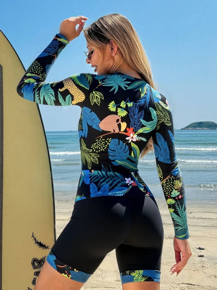 Two Piece Swimsuit Women 2026 New Print Long Sleeves Zipper Sexy Swimwear Summer Shorts Beachwear Bathing Suit Female Swimming