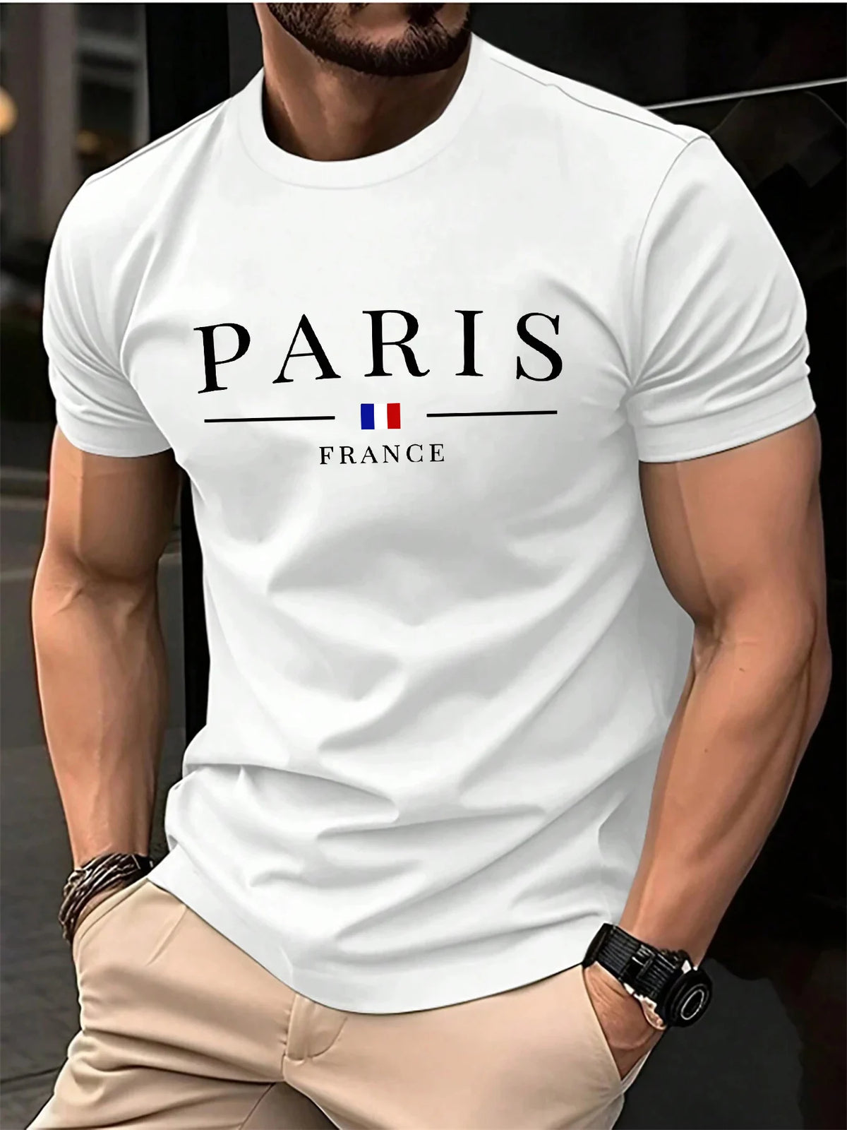 Summer men's 100% pure cotton casual loose plus size Paris French printed sports comfortable round neck short sleeved T-shirt