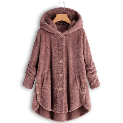New Fashion Autumn Winter Women's Solid Button Coats Ladies Warm Teddy Bear Loose Outwear Female Plush Coat Hooded Plush Jackets