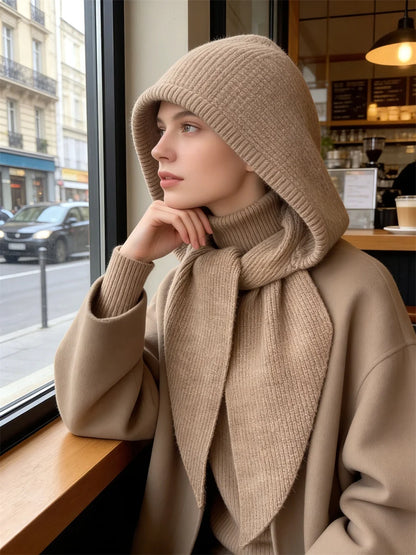 Womens Ribbed Knitted Skullies Hat with Scarf Stylish Solid Color Hooded Scarf for Winter Spring Fall
