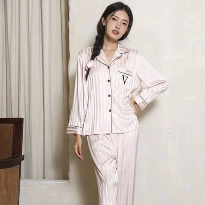 Women Two-Piece Pajamas Lady Sleepwear 2025 New Classic Female Housewear Simulated Silk Summer Cool Long Sleeve Trousers Suit