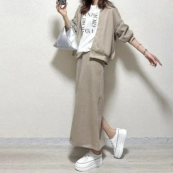 Women Two Piece Sets Skirt Set Full Sleeve Ribbed Neck Tops Plain Skirts A Line Elastic Waist Y2k Streetwear Elegant Work Spring