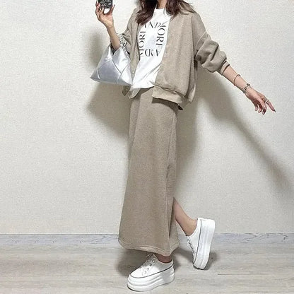Women Two Piece Sets Skirt Set Full Sleeve Ribbed Neck Tops Plain Skirts A Line Elastic Waist Y2k Streetwear Elegant Work Spring