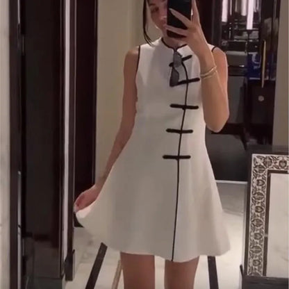 Women's Mini Dress Summer New Fashion Round Neck Sleeveless Rope Knot Contrast Dress Vintage Female Chic Dresses