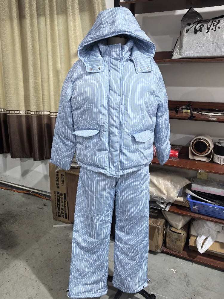 Women Winter Matching Set Multi Color Options Vertical Stripe Hooded Cropped Puffer Jacket Baggy Wide Leg Pants Warm Outfit Sets