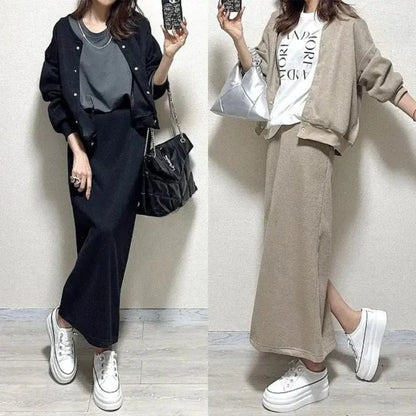 Women Two Piece Sets Skirt Set Full Sleeve Ribbed Neck Tops Plain Skirts A Line Elastic Waist Y2k Streetwear Elegant Work Spring