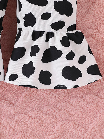 【Cute Cow】Baby Girl Overalls Set with 3D Cow Embroidery Patch + All-Over Cow Print + Flared Pants Legs - Three-Piece Outfit for Spring and Autumn Outings