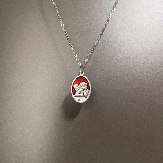 Collier pendentif ovale vintage en relief petit ange fée double face couleur argent pour femmes et hommes, chaîne ras du cou, bijoux