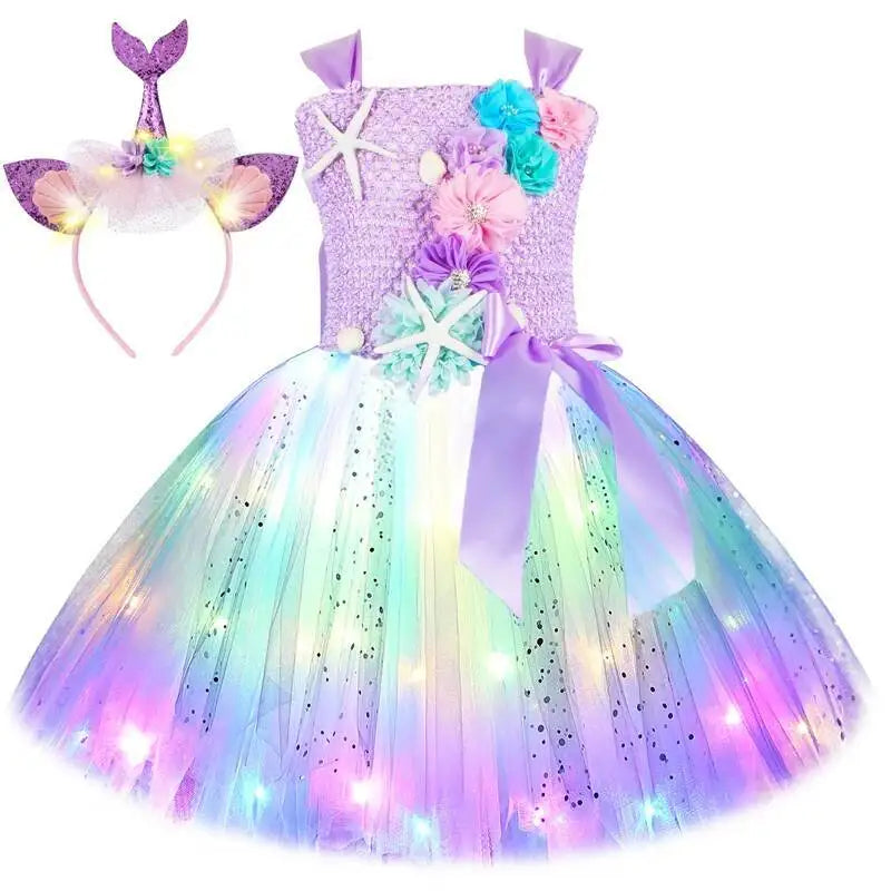 Girls' LED Flashing Mermaid Performance Clothing, Kids' Birthday Beauty Outfit, Fish-Tail Floral Mermaid Princess Tulle Dress
