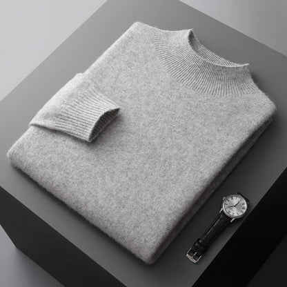 New Men's 100% Merino Wool Mock Neck Pullover Soft Warm Jumpers Quality Cashmere Sweater Casual Smart Knitwear Basic Tops Clothi