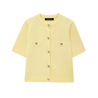 HH Women's Elegant Suit Round Collar Single-Breasted With Short Sleeve Pocket Knitted Top+Elastic Waist Mini Skirt Set
