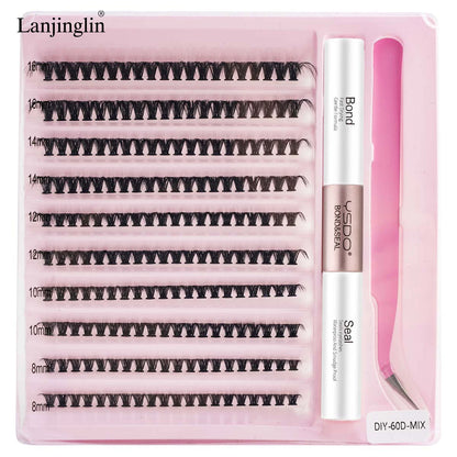 Nouveau kit de cils individuels 10 rangées - Cils groupés naturels longs à faire soi-même avec colle et scellant pour extensions de cils - Outils de maquillage Faux Cils
