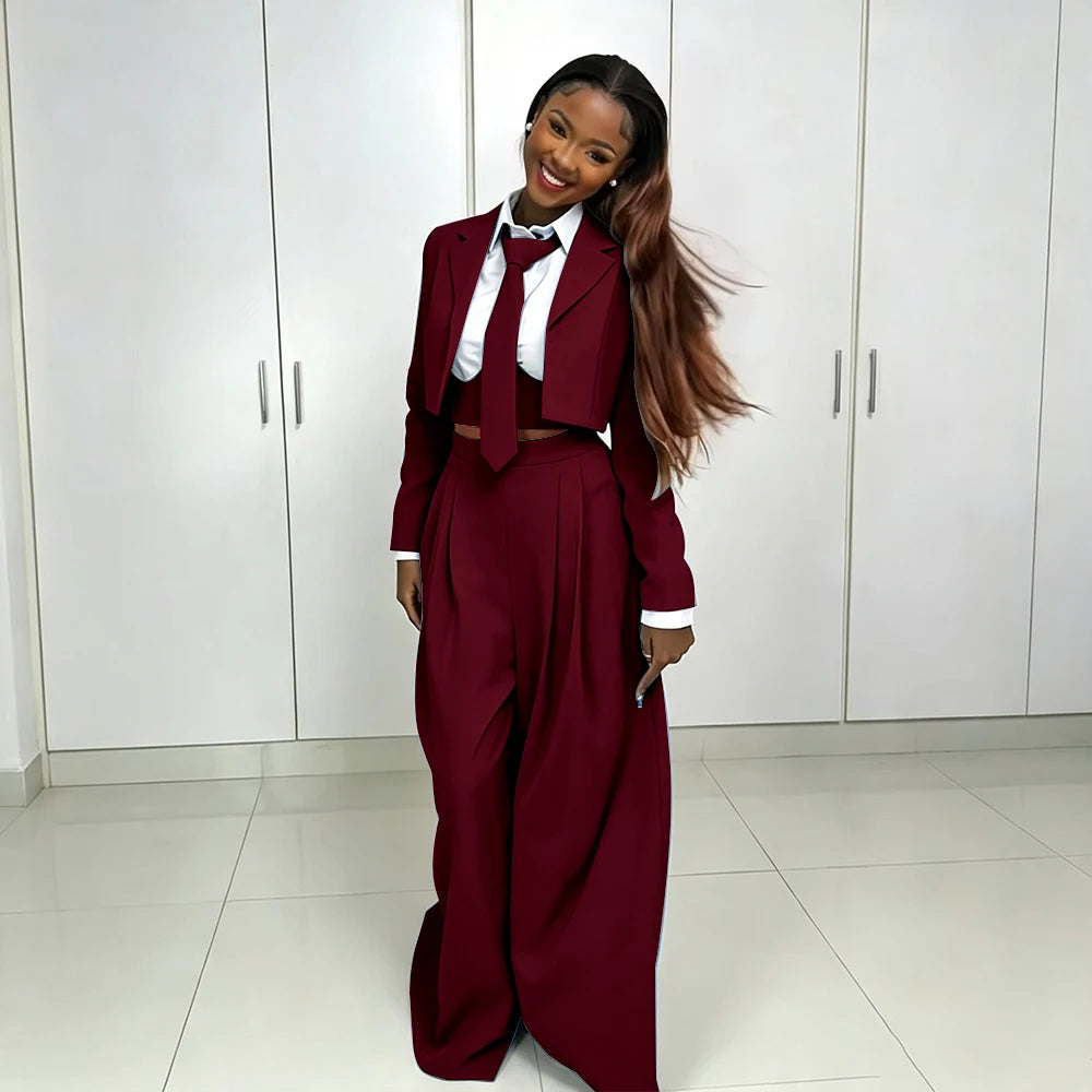 Women's Red Suit Two Piece Set Short Blazer+Wide Leg Pants Elegant Formal Fashion Daily Smart Casual Party Tuxedo Customized