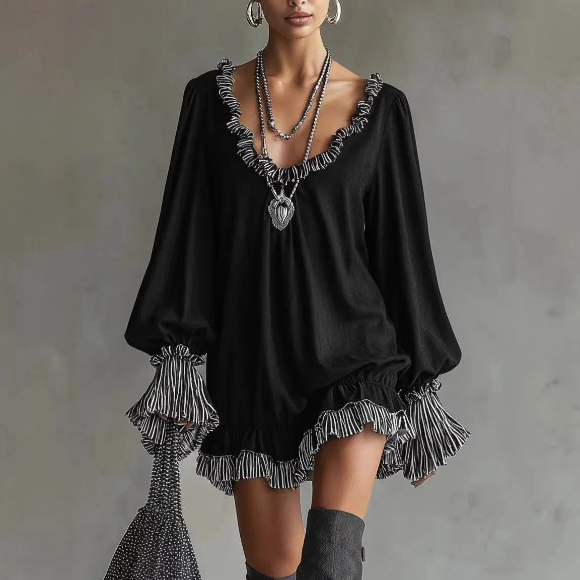 Women's Ruffled Mini Dress Spring Summer Fashion Deep V-Neck Long Sleeves Striped Cuffs Striped Dress Perfect For Party Outfit