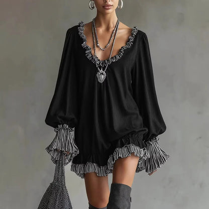 Women's Ruffled Mini Dress Spring Summer Fashion Deep V-Neck Long Sleeves Striped Cuffs Striped Dress Perfect For Party Outfit