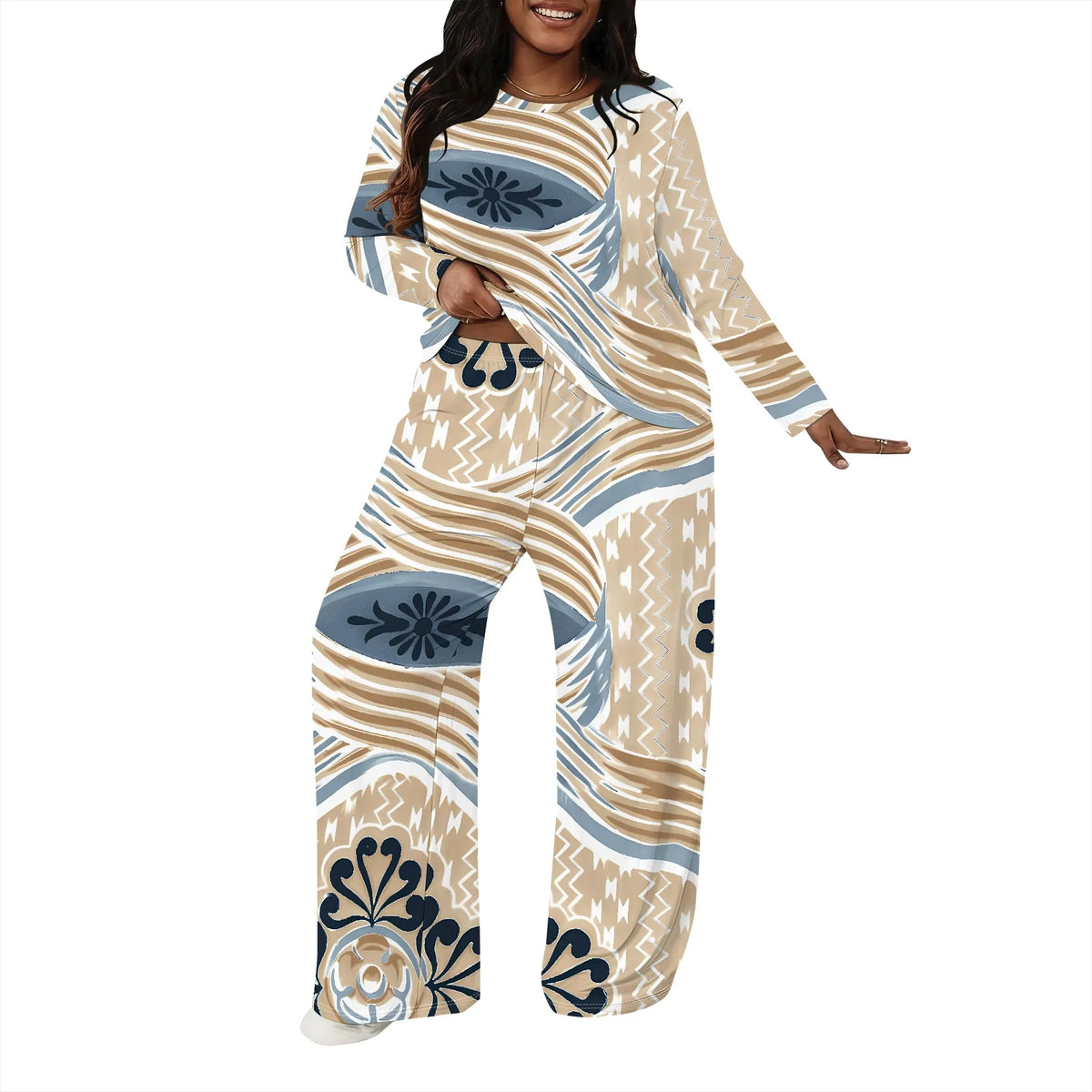 Plus size Women two-piece set with 3D geometric print casual loose round neck long sleeved two-piece set (pocket)