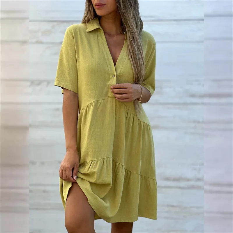 Robes en coton et lin de couleur unie pour femmes, robe patchwork à revers et boutons, robe d'été décontractée, taille haute, manches courtes, tenue féminine.