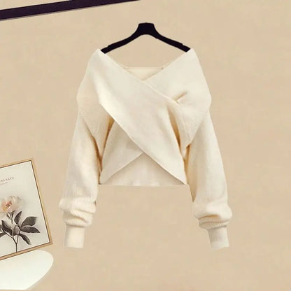 Women's Knitted Sweater Skirt Two Piece Set Women Slim Elegant Tops Female Sweater Dress Suits Lady Knitting Outfit