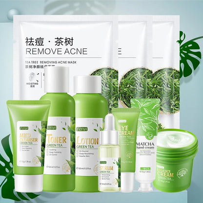 Kit de produits pour le visage Sakura / Crème visage au thé vert Crème nourrissante pour la peau Sérum visage Crème lissante pour les yeux Soin coréen
