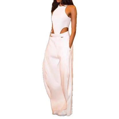 Combinaisons Élégantes pour Femme  Combinaison d'été Chic et Sexy sans Manches, Col Rond, Taille Haute, Jambes Larges, avec Découpes, Slim, Blanche