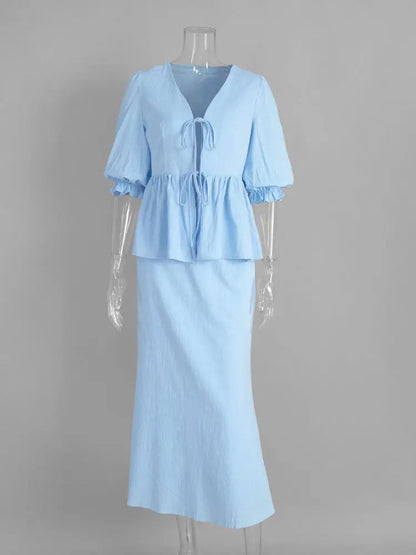 Tossy Summer Ruffled 2 Piece-Set Maxi Skirt For Women V-Neck Lace-Up Short Sleeve Shirts Top And Slim High Waist Long Skirt Sets