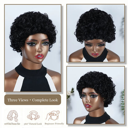 Women's Kinky Curly Human Hair Wig Glueless Full Machine Made Short Pixie Cut Wig Natural Looking Suitable For Party Casual Wear