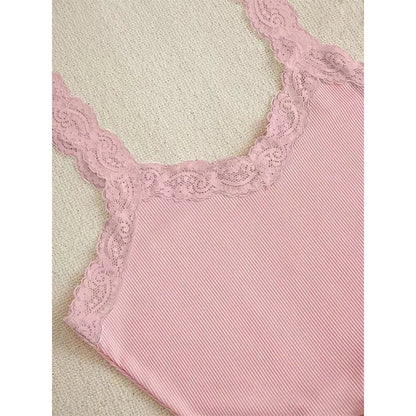 Women Two-piece Summer Sexy Pajama Set Ribbed Knitted Flower Print Lace Trimmed Camisole Vest Bow Shorts Suspender Shorts Suit