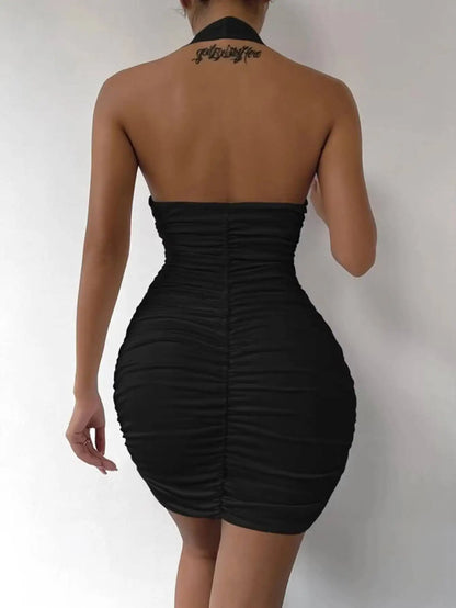 Mini Dress Spring Summer Women Black Halter Neck Ruched Bodycon Sexy Chic Party Date Club Evening Dress