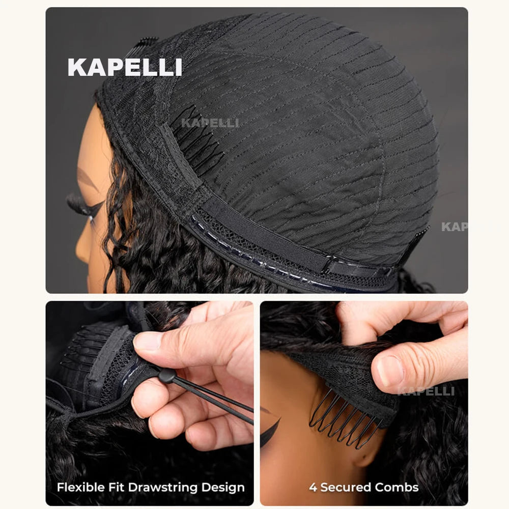 Kinky Curly Human Hair Wigs No Leave Out Glueless Wig Upgrade 3 IN 1 Half Wig With Drawstring Seamless Flip Over No Glue Clip In