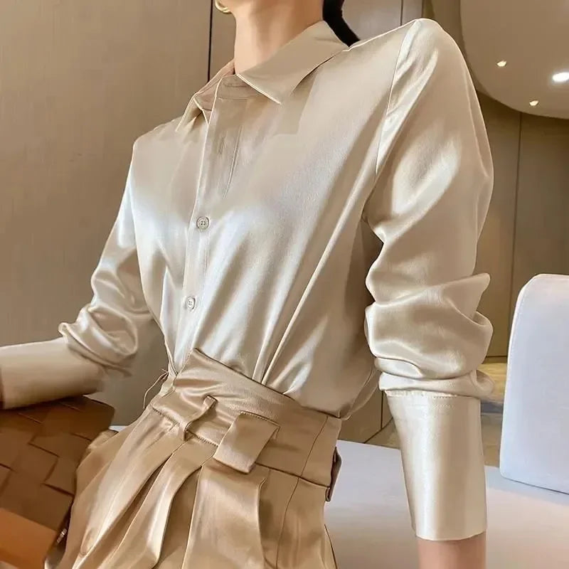 Tendance Été Mode Féminine Chemise Décontractée Élégante en Satin à Manches Longues pour Femme de Bureau Chemises et Blouses Slim Vêtements Féminins