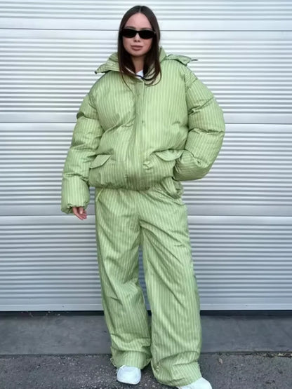 Women Winter Matching Set Multi Color Options Vertical Stripe Hooded Cropped Puffer Jacket Baggy Wide Leg Pants Warm Outfit Sets