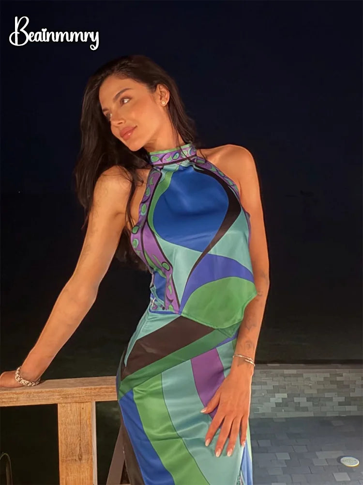 Irregular Satin Print Suit Women Halter Neck Lace Up Tank Top Midi Skirt 2 Pieces Set 2026 New Lady Summer Casual Vacation Wear
