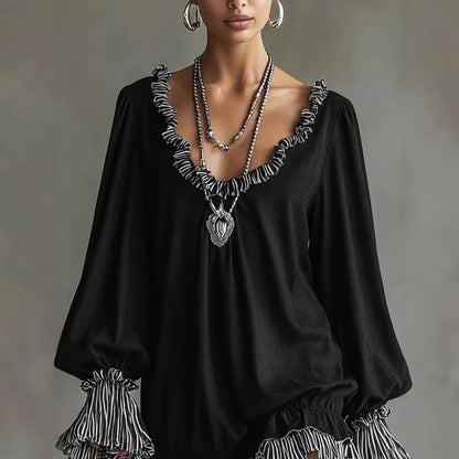 Women's Ruffled Mini Dress Spring Summer Fashion Deep V-Neck Long Sleeves Striped Cuffs Striped Dress Perfect For Party Outfit
