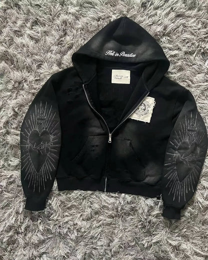 Printed Zipper Hooded Sweater Y2K Gothic Harajuku Popular Hoodies