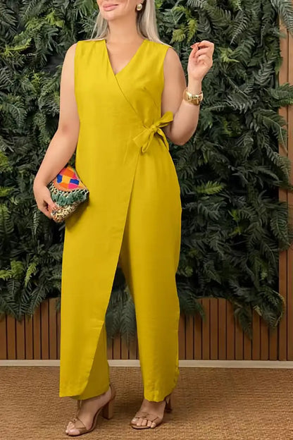 Combinaison décontractée femme Col en V sans manches Combinaison à lacets pour femme Mode Bureau Vacances Vêtements femme Combinaisons Été Nouveau