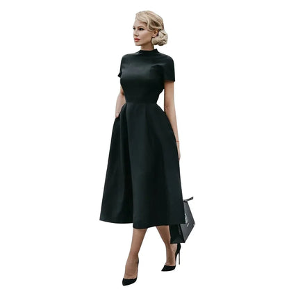 Robe trapèze élégante noire pour femme 2024, Col semi-montant, Taille haute, Coupe ajustée, Robe de bureau unie pour femme, Vestidos