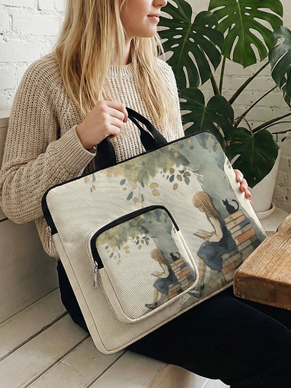 Vintage Reading Girl Black Cat Laptop Handbag With Extra Pocket Shockproof Notebook Case For 13-15.6 Inch Laptops