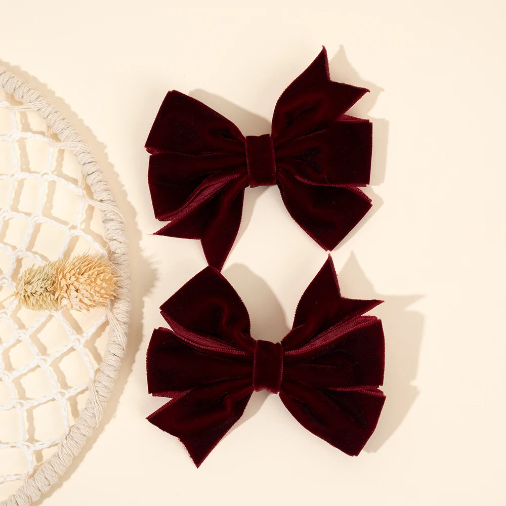 2Pcs Solid Velvet Bow Hair Clips Sweet Vintage Handmade Bownot Hairpins For Girls Children Fall Winter Headwear Hair Accessories