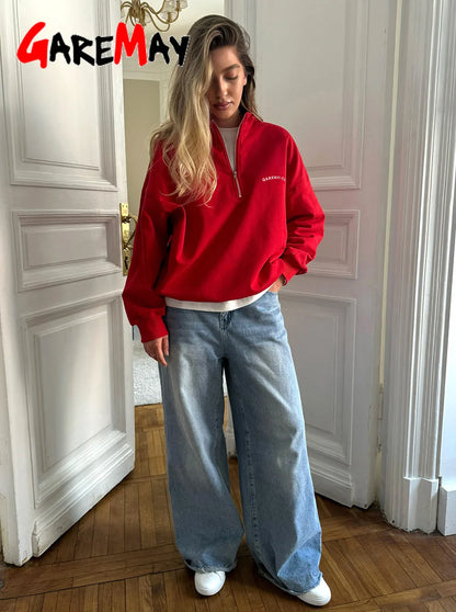 Fashion Women's Zip-up Sweatshirt Oversized Autumn Red Vintage Pinterest Sweatshirt with Zipper Cotton Long-sleeved Street Style