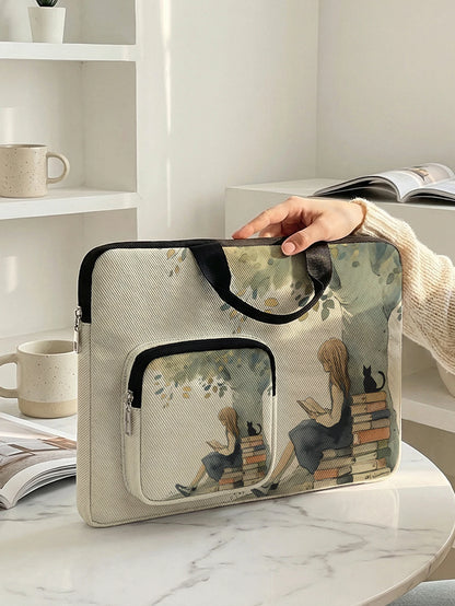 Vintage Reading Girl Black Cat Laptop Handbag With Extra Pocket Shockproof Notebook Case For 13-15.6 Inch Laptops