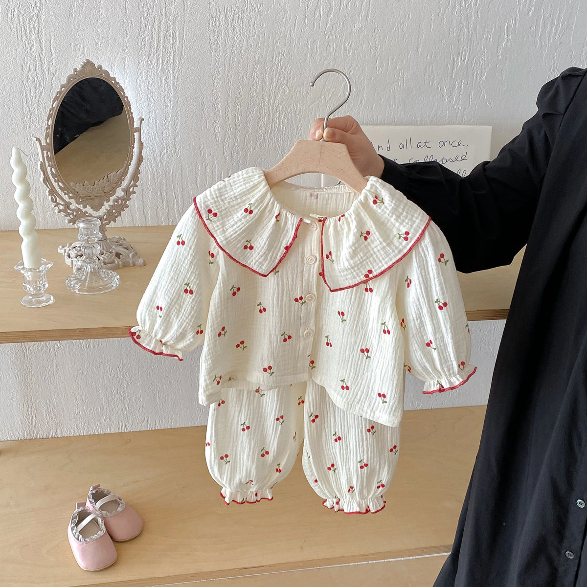 Little Cherry, A Full-Print Long-Sleeved Set With a Large Lapel, Sweet and Casual Long Pants
