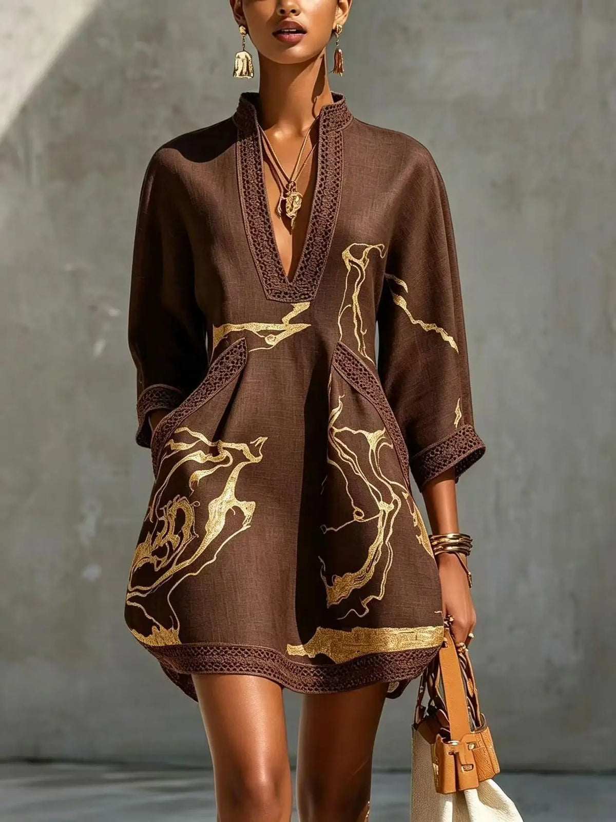 B Elegant Mini Dress for Women Fashion Lace Trim V Neck Abstract Print 3/4 Sleeve Pocket Dress Casual Commuting Vacation Dresses
