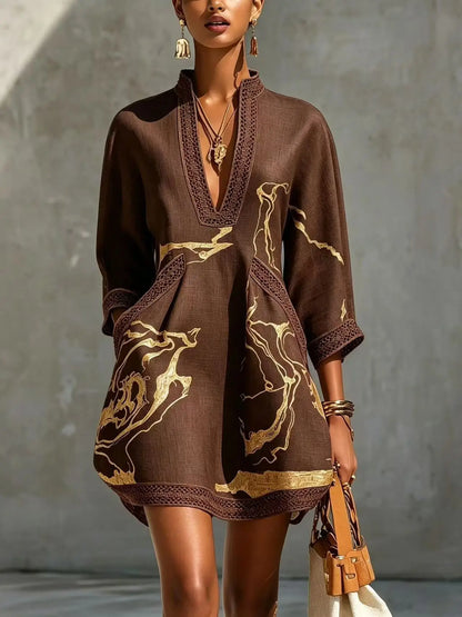B Elegant Mini Dress for Women Fashion Lace Trim V Neck Abstract Print 3/4 Sleeve Pocket Dress Casual Commuting Vacation Dresses