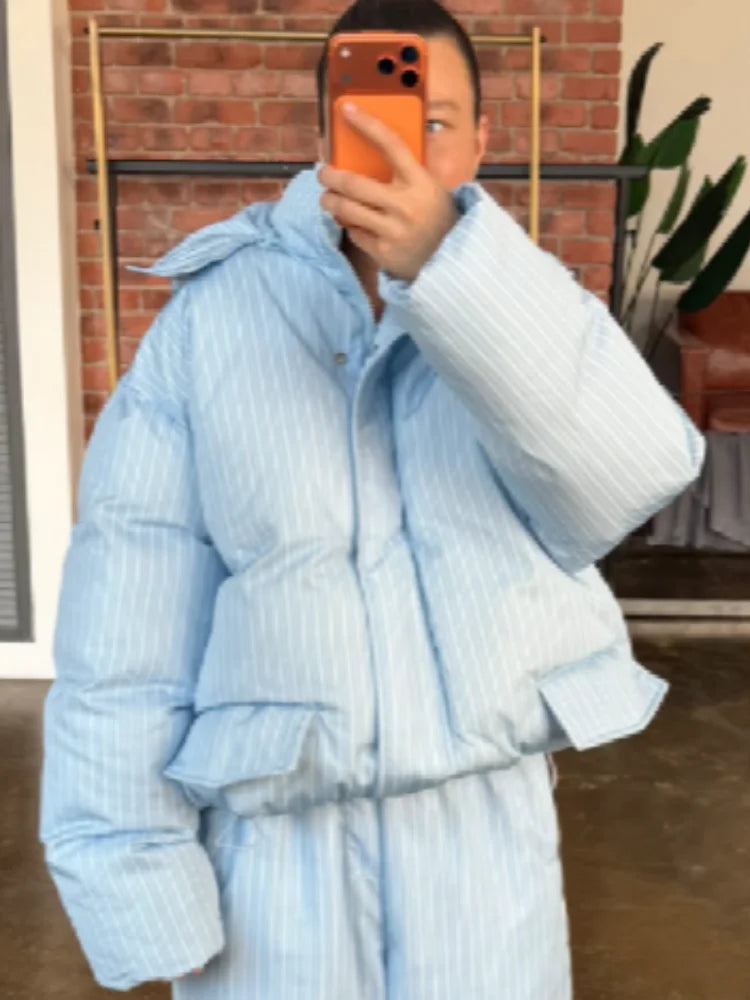 Women Winter Matching Set Multi Color Options Vertical Stripe Hooded Cropped Puffer Jacket Baggy Wide Leg Pants Warm Outfit Sets