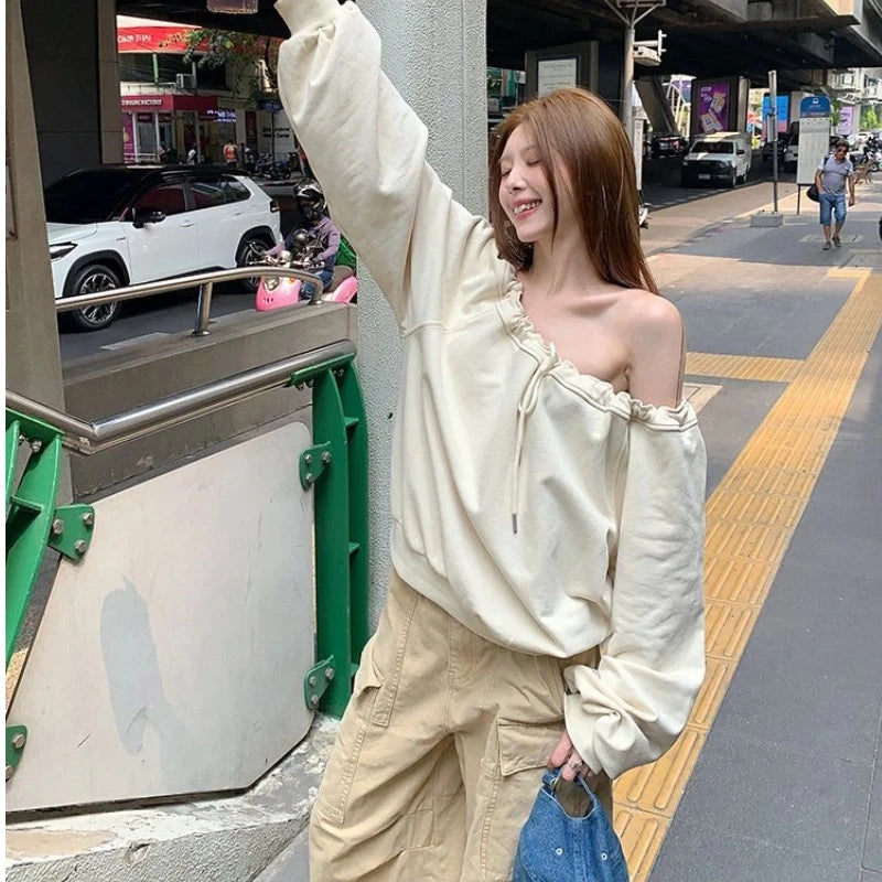Bandage Plissé Uni Style Décontracté Sweatshirts à Capuche Printemps Automne Manches Longues Ample Hauts Tendance Vêtements Coréens Décontractés pour Femmes