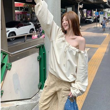 Bandage Plissé Uni Style Décontracté Sweatshirts à Capuche Printemps Automne Manches Longues Ample Hauts Tendance Vêtements Coréens Décontractés pour Femmes