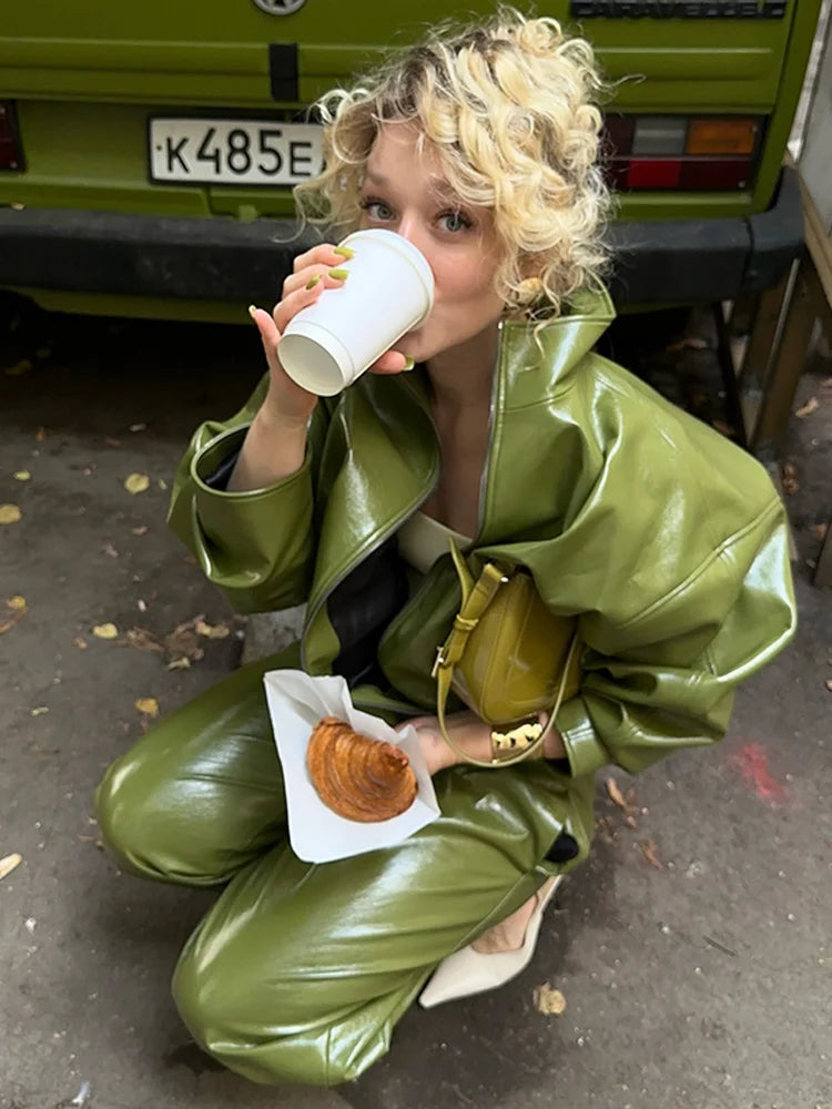PU Leather Strapless Dresses Coat Women's Two Pieces Set Vintage Stand Jackets Long Straight Skirts 2025 Autumn Street Outfits